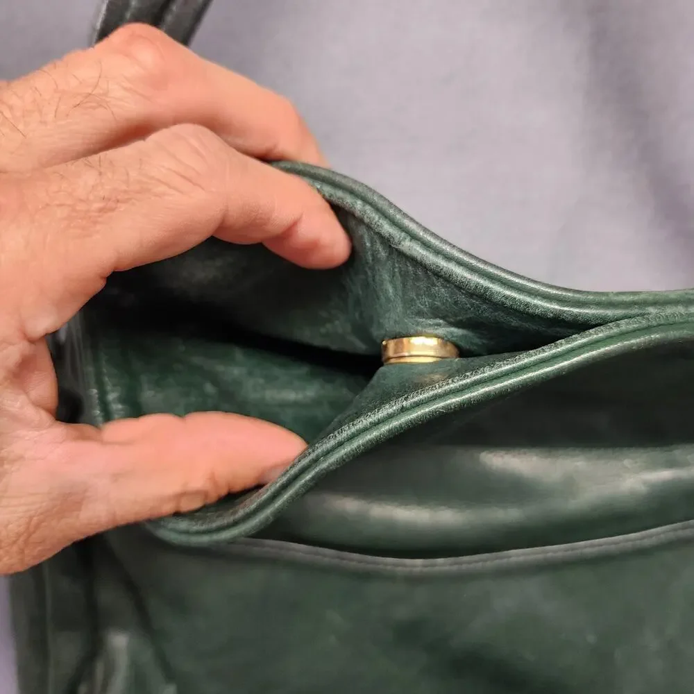 Leather Shoulder Bag Womens Dark Green Flap Pocket Zip Compartments Medium Purse